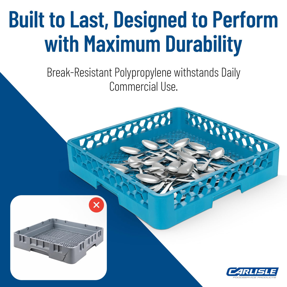 Carlisle OptiClean flatware rack molded handles enable easy loading and unloading.