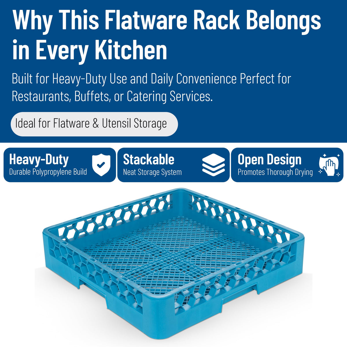 Carlisle OptiClean flatware rack side view illustrating compact profile for busy kitchens.
