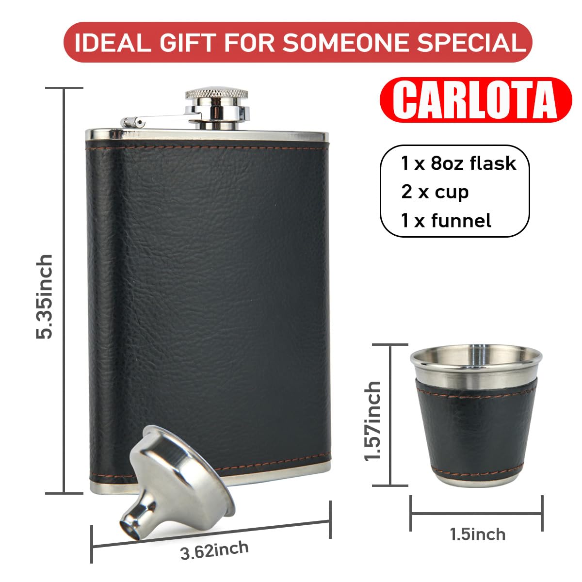 CARLOTA hip flask with two cups and funnel for easy sharing.