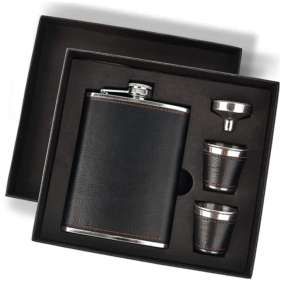 CARLOTA hip flask set 8oz with black leather cover for stylish portability.