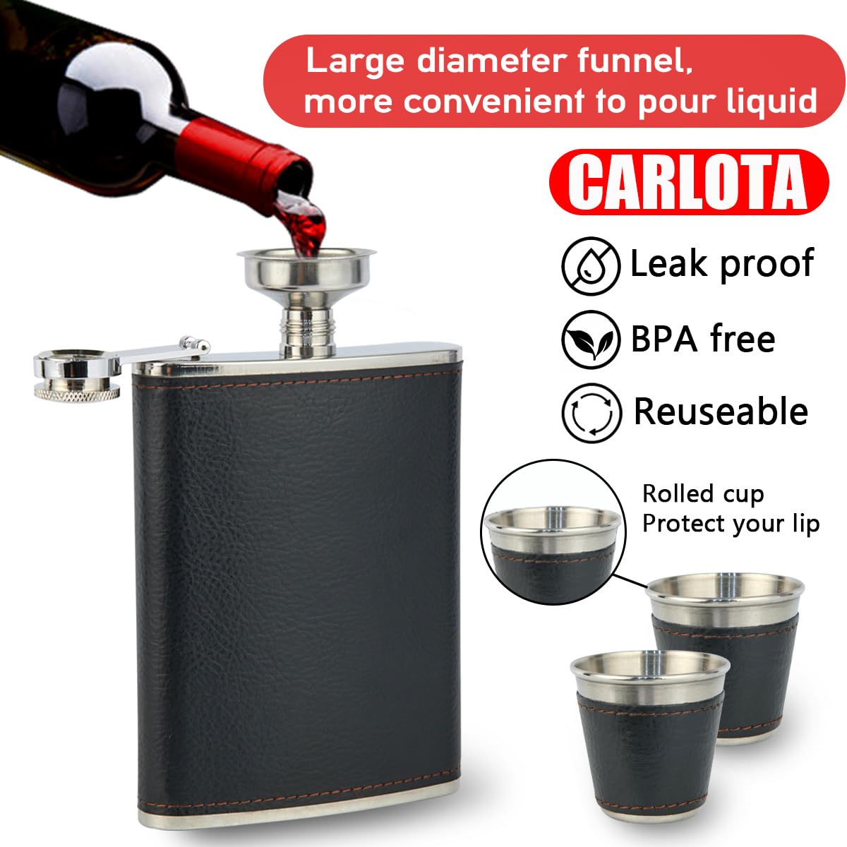 CARLOTA stainless steel 18-8 hip flask highlights durability.