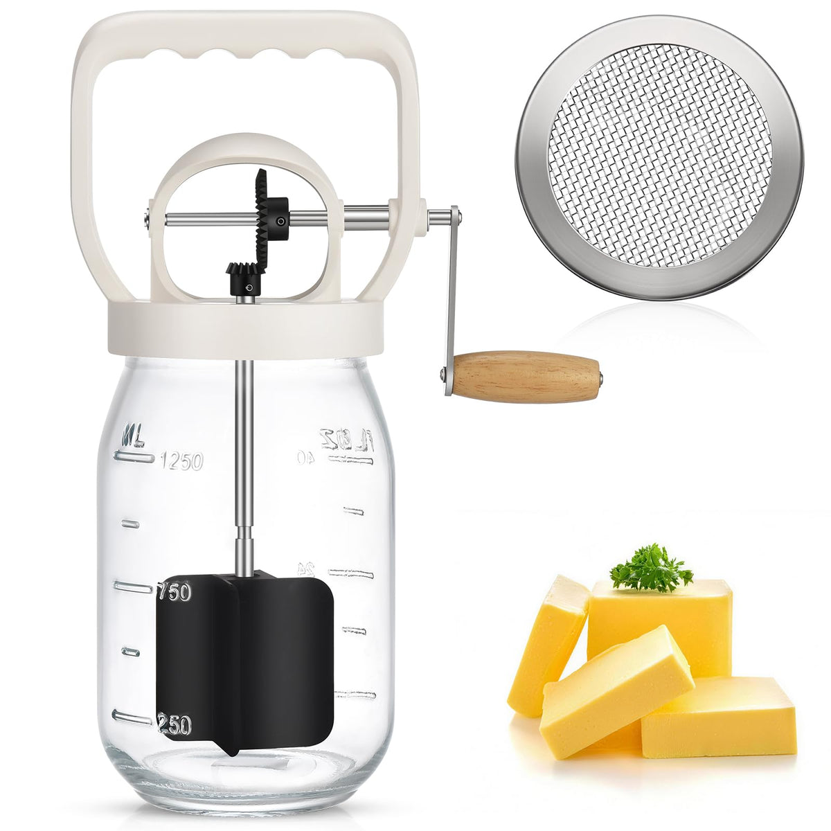 CAROD Butter Churner 1.5L glass jar ready for fresh butter making.