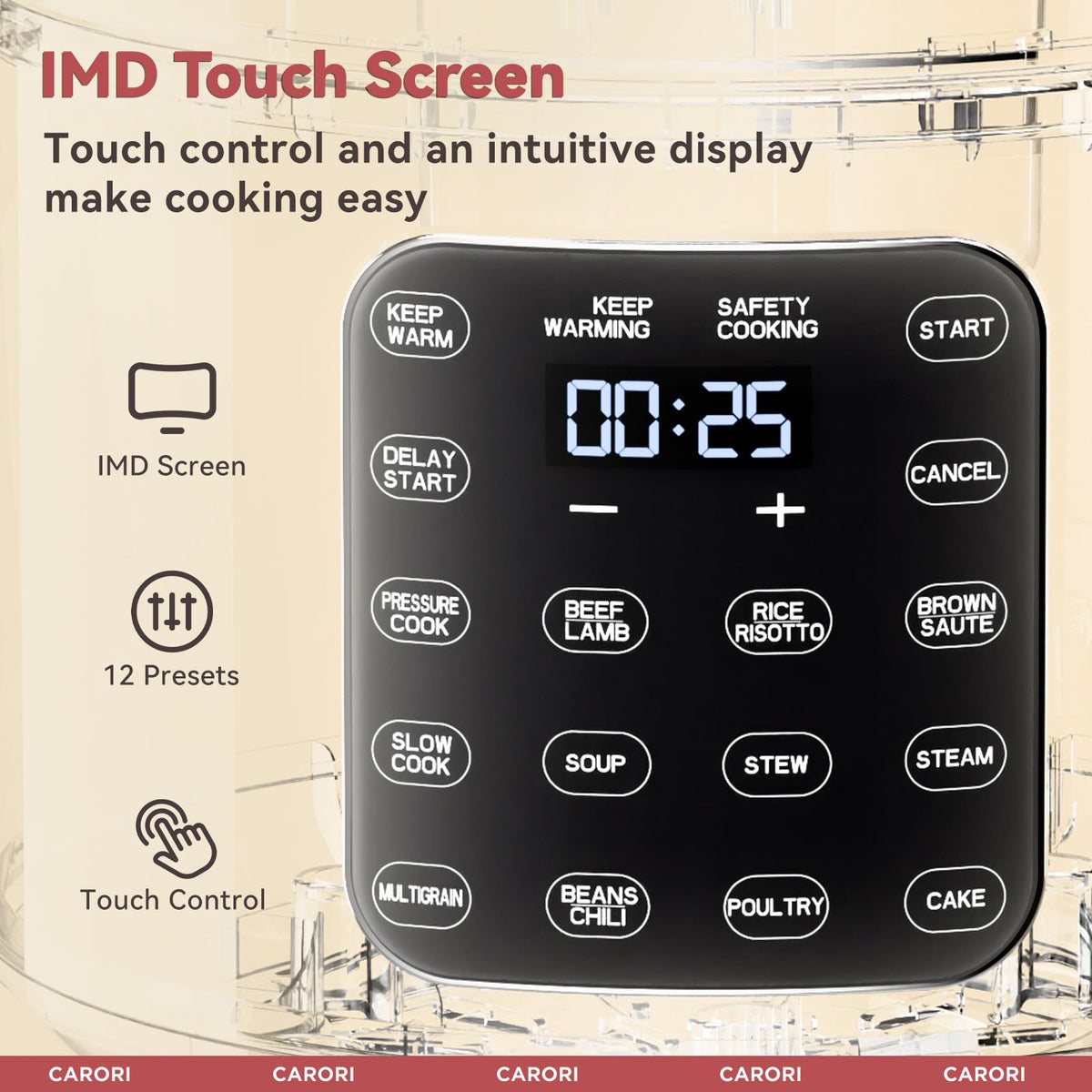 CARORI 1000W power and rapid heat for faster weeknight meals.