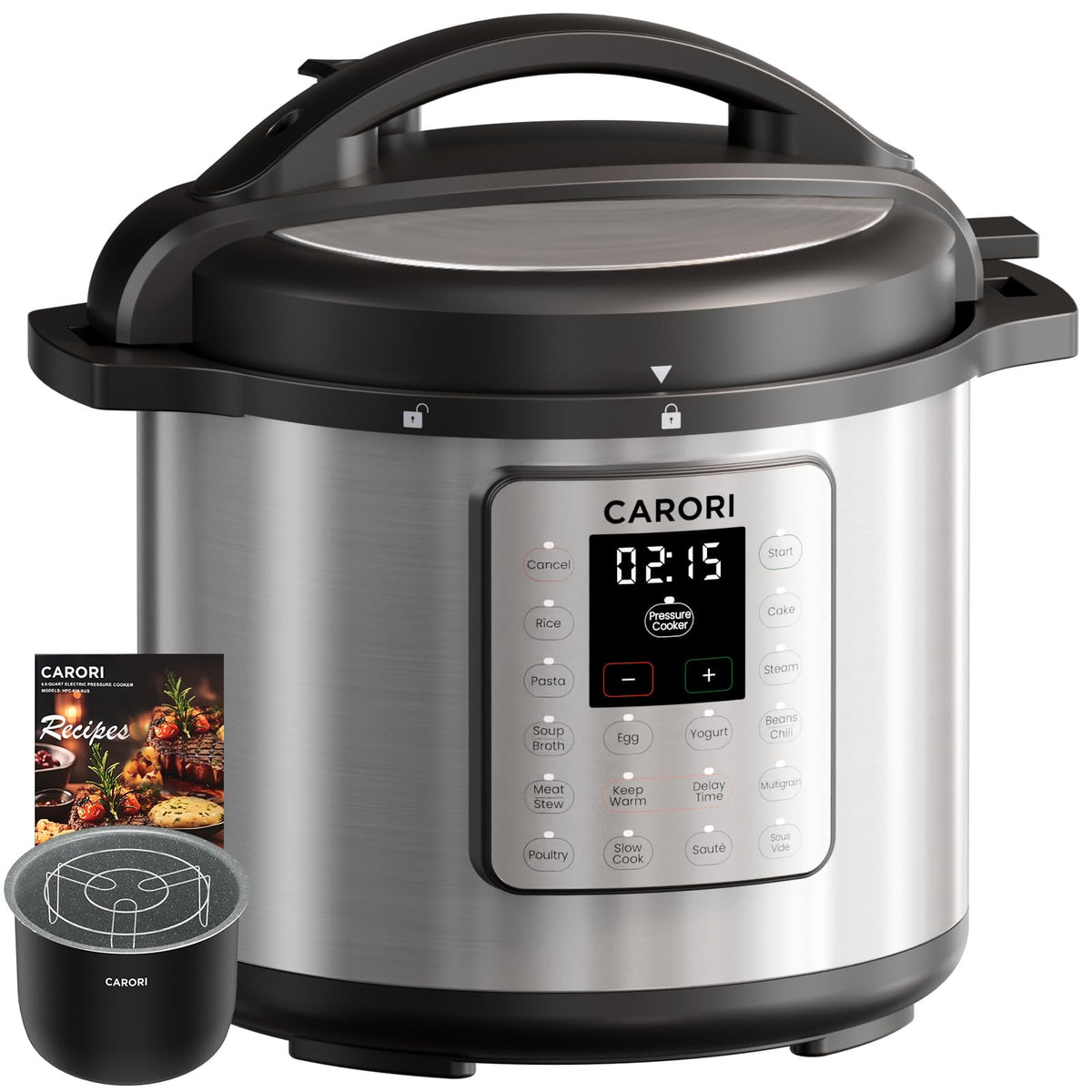 Carori 12-in-1 electric pressure cooker with 8qt capacity, ideal for family meals.