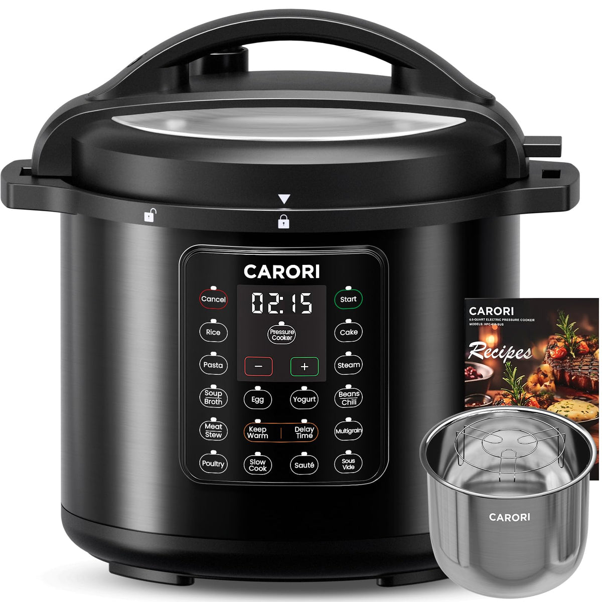 Carori 12-in-1 cooker front view highlights all-in-one versatility for busy kitchens.