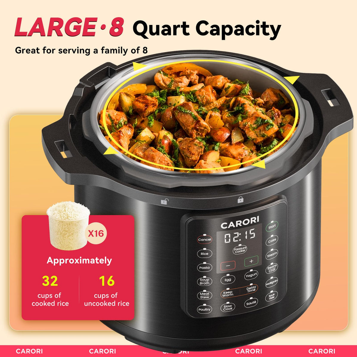 Carori ceramic inner pot minimizes sticking and easy cleanup.