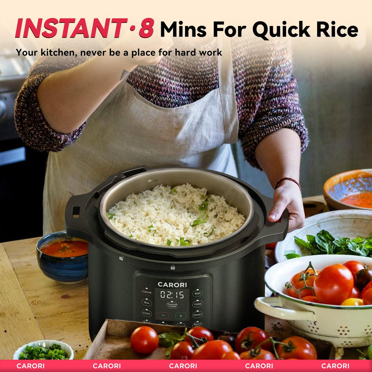 Carori rice-cooker function delivers fluffy, evenly cooked grains.