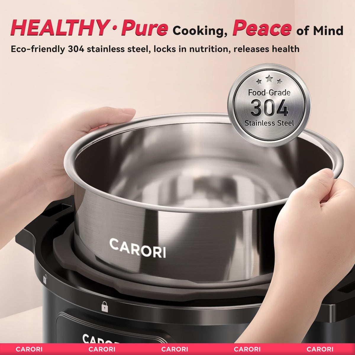 Carori steam-release button for safer venting during pressure cooking.