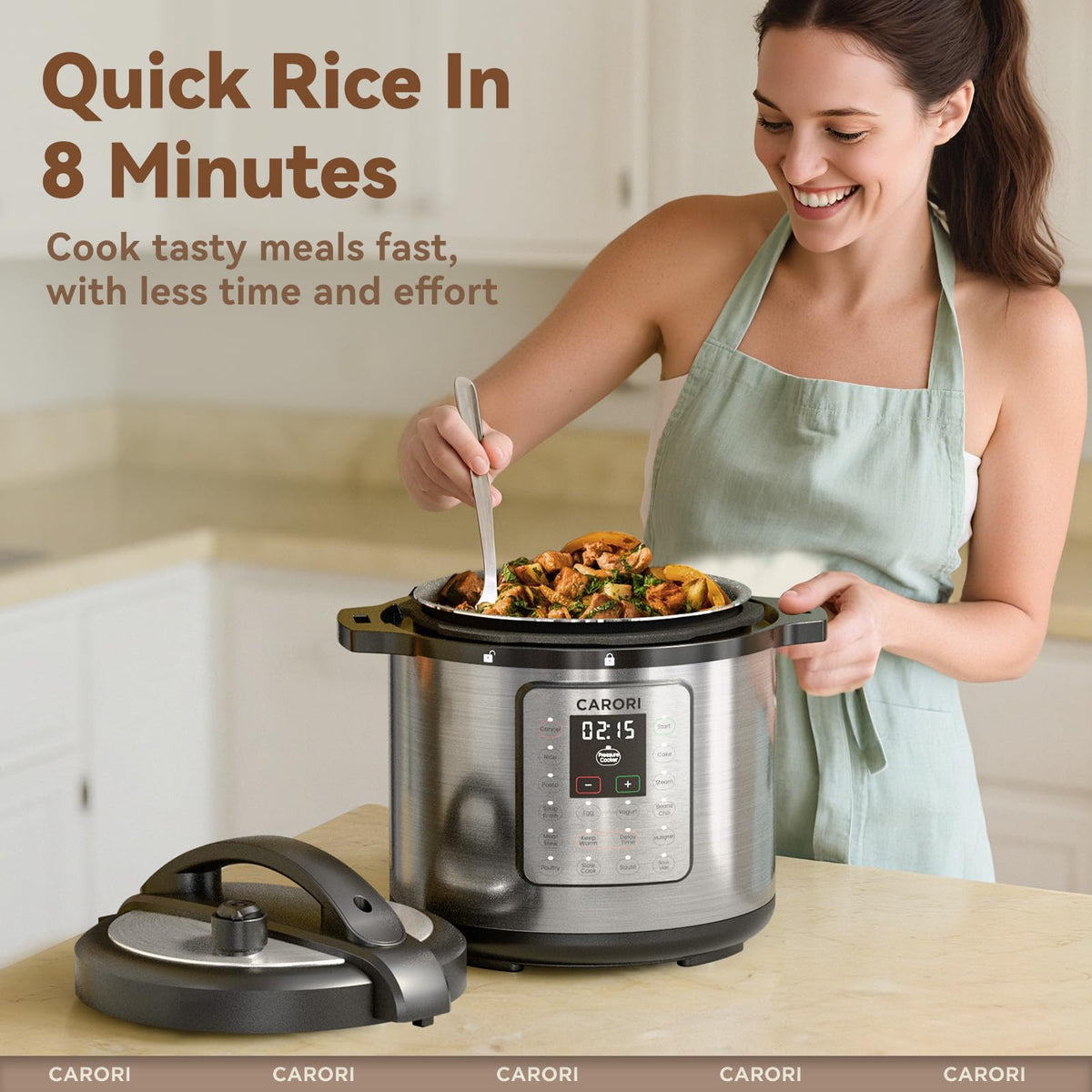 Carori 8 qt capacity serves up to eight portions.