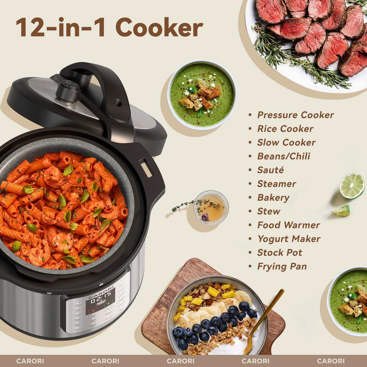 Carori ceramic inner pot with non-stick surface for easy cleanup and even heating.