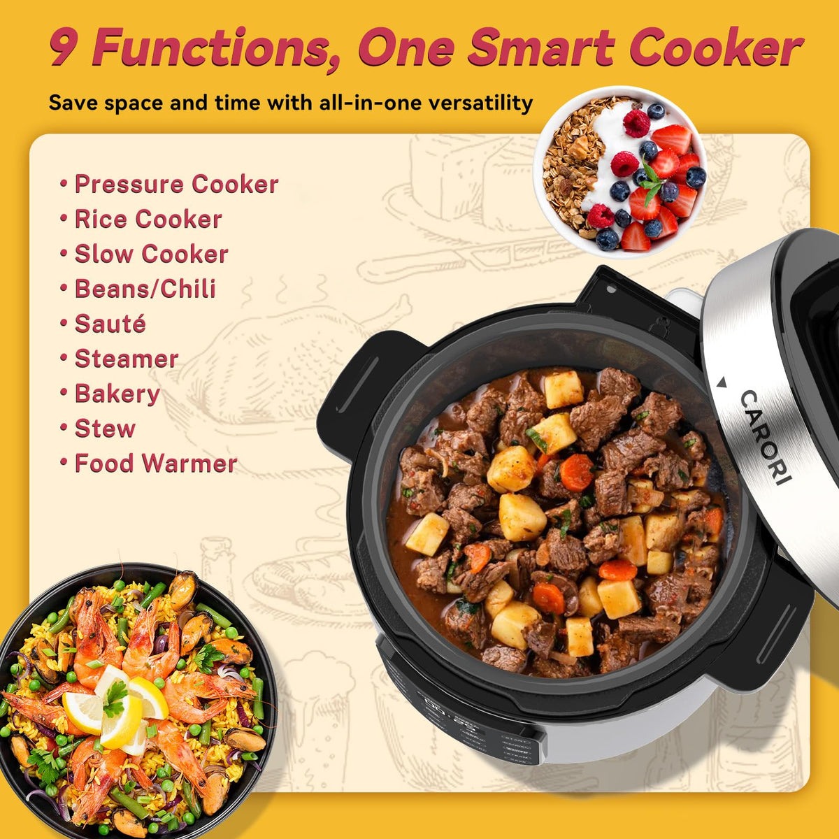 CARORI ceramic non-stick inner pot simplifies browning and cleanup.