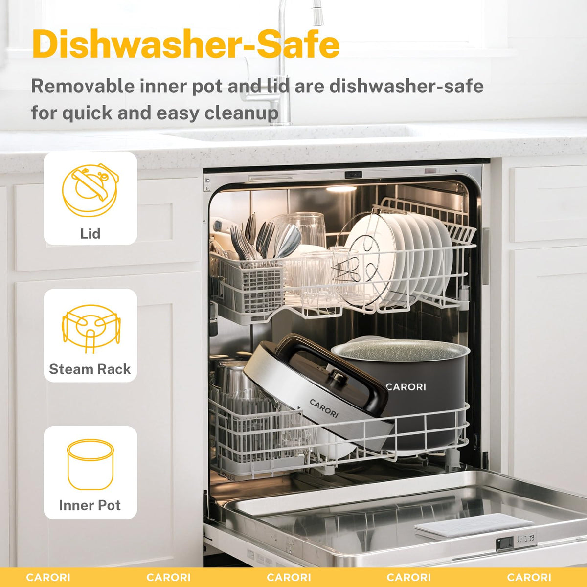 CARORI dishwasher-safe parts ensure quick cleanup after cooking.