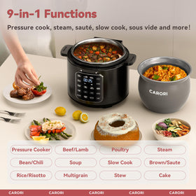 CARORI dual inner pots non-stick pot supports oil-free meals with easy cleanup.