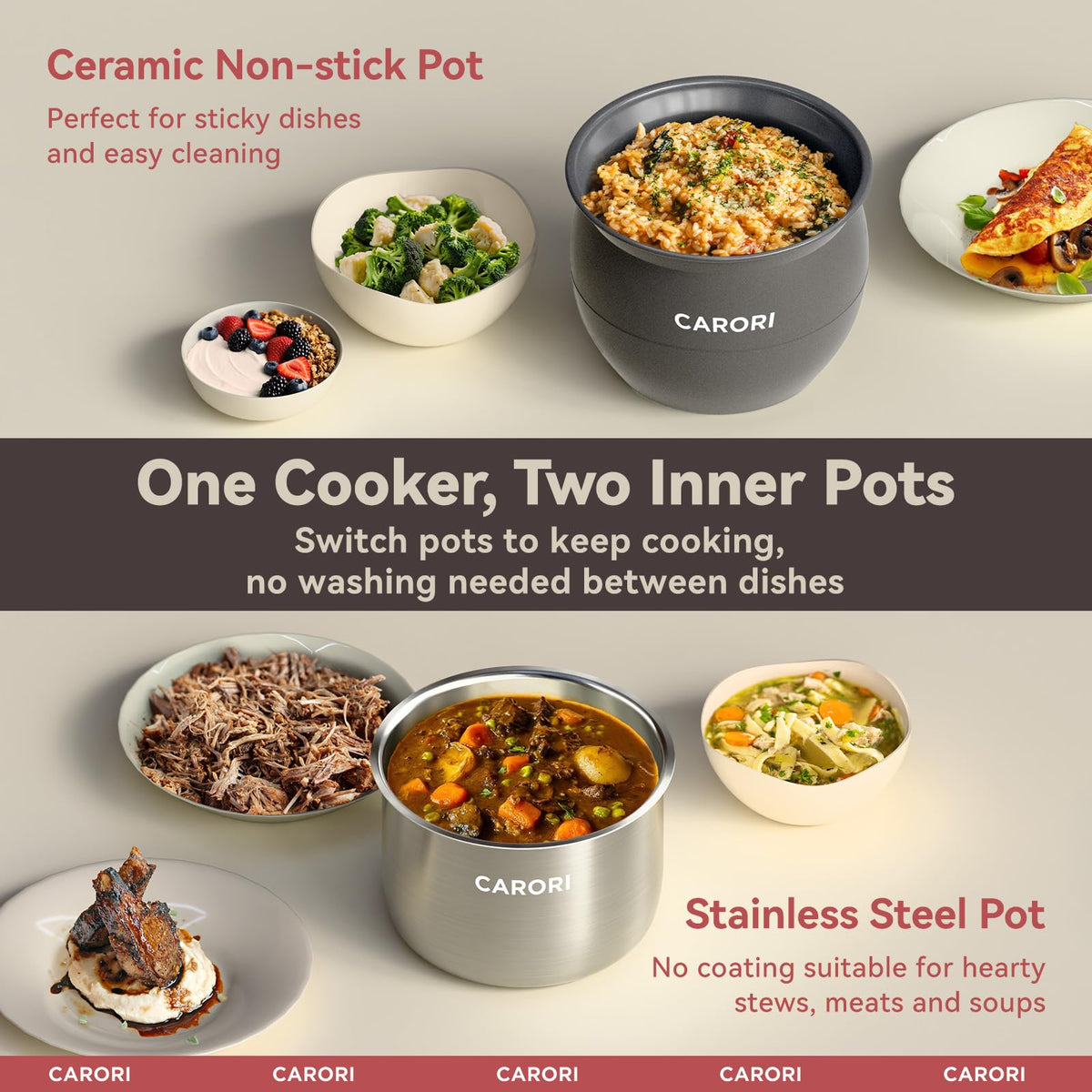 CARORI dual inner pots stainless steel pot enables browning and high-heat searing.