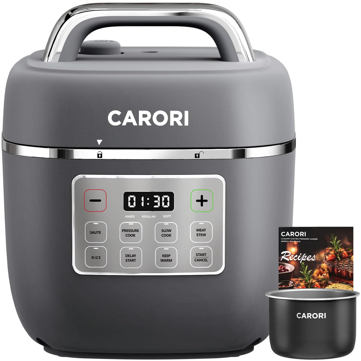 CARORI 3QT electric pressure cooker front view showing compact design for small kitchens