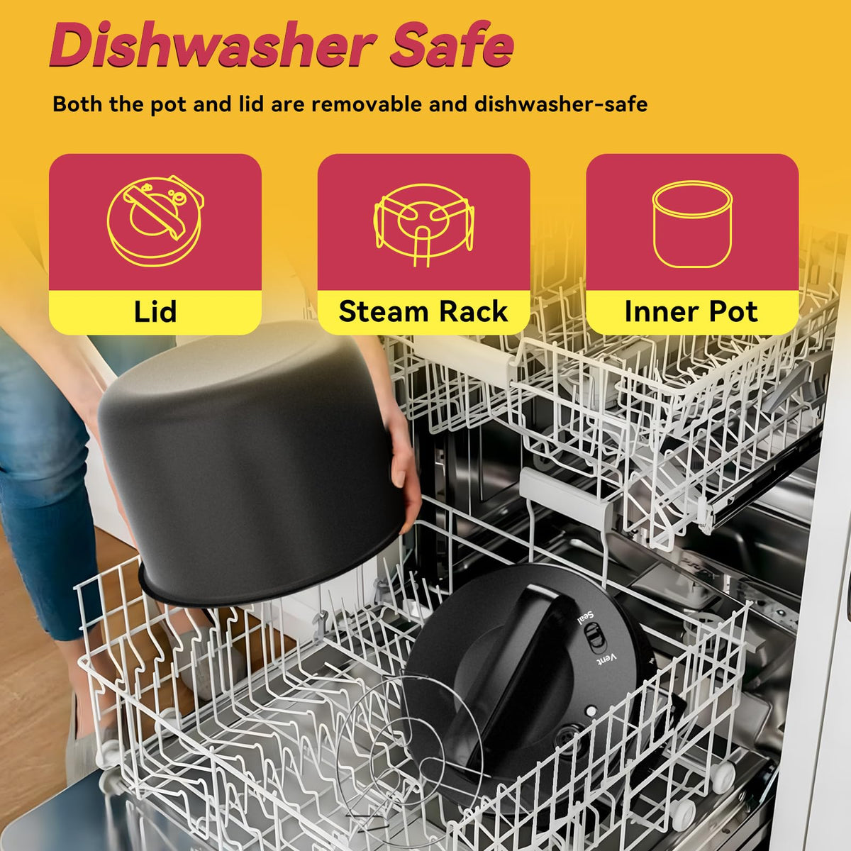 CARORI included accessories: steaming rack and measuring cup for versatile cooking.