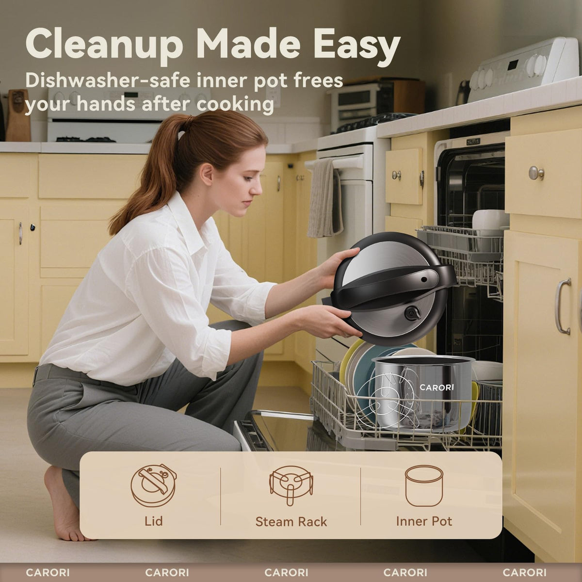 Carori lid with safety lock and steam release for peace of mind