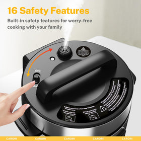 CARORI safety features highlight lid lock and steam vent controls.