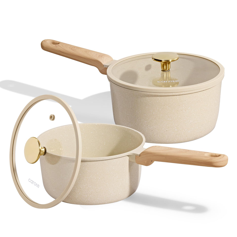 CAROTE sauce pan set on stovetop with lids for versatile everyday meals