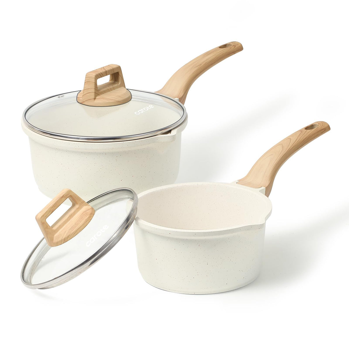 CAROTE 1.5qt sauce pan with lid, smooth nonstick interior for easy cooking.