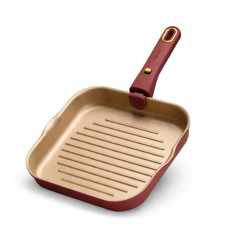 CAROTE 10-inch titanium reinforced nonstick grill pan for easy steak release with little oil.