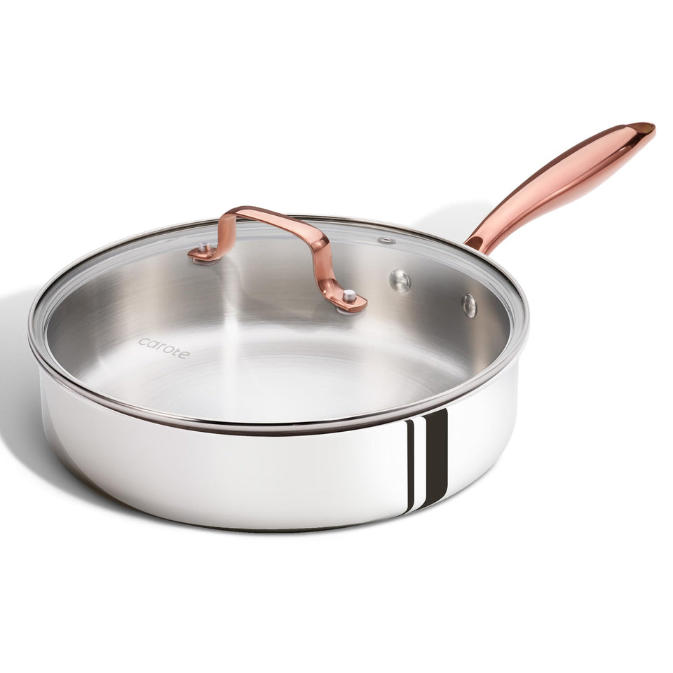 CAROTE 10-inch tri-ply deep frying pan with lid for even heating and searing.