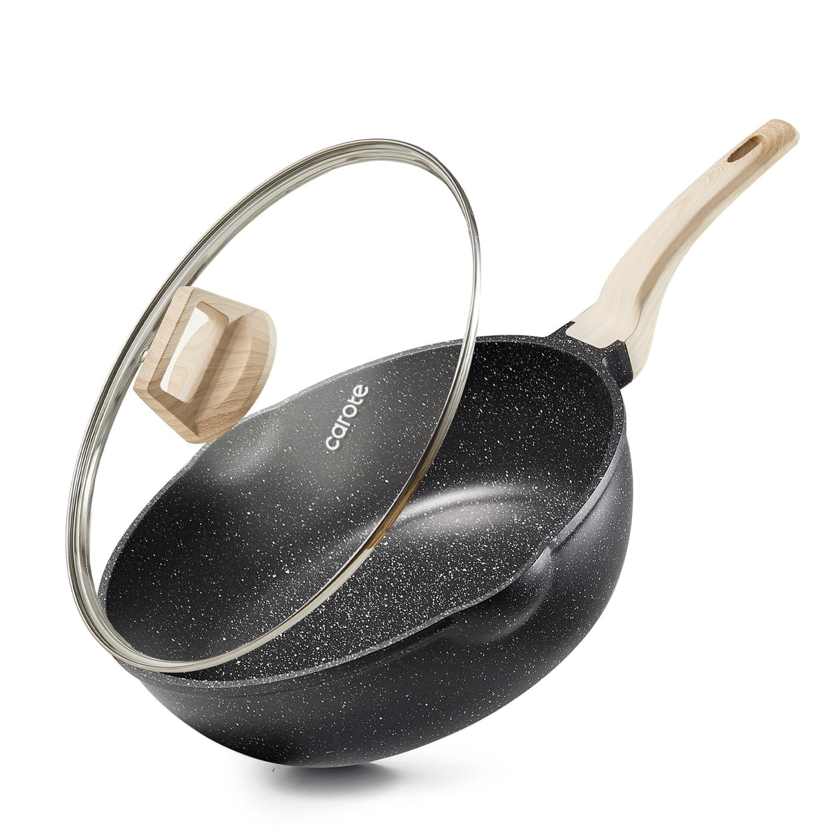 CAROTE 12in nonstick deep pan with lid for easy food release.
