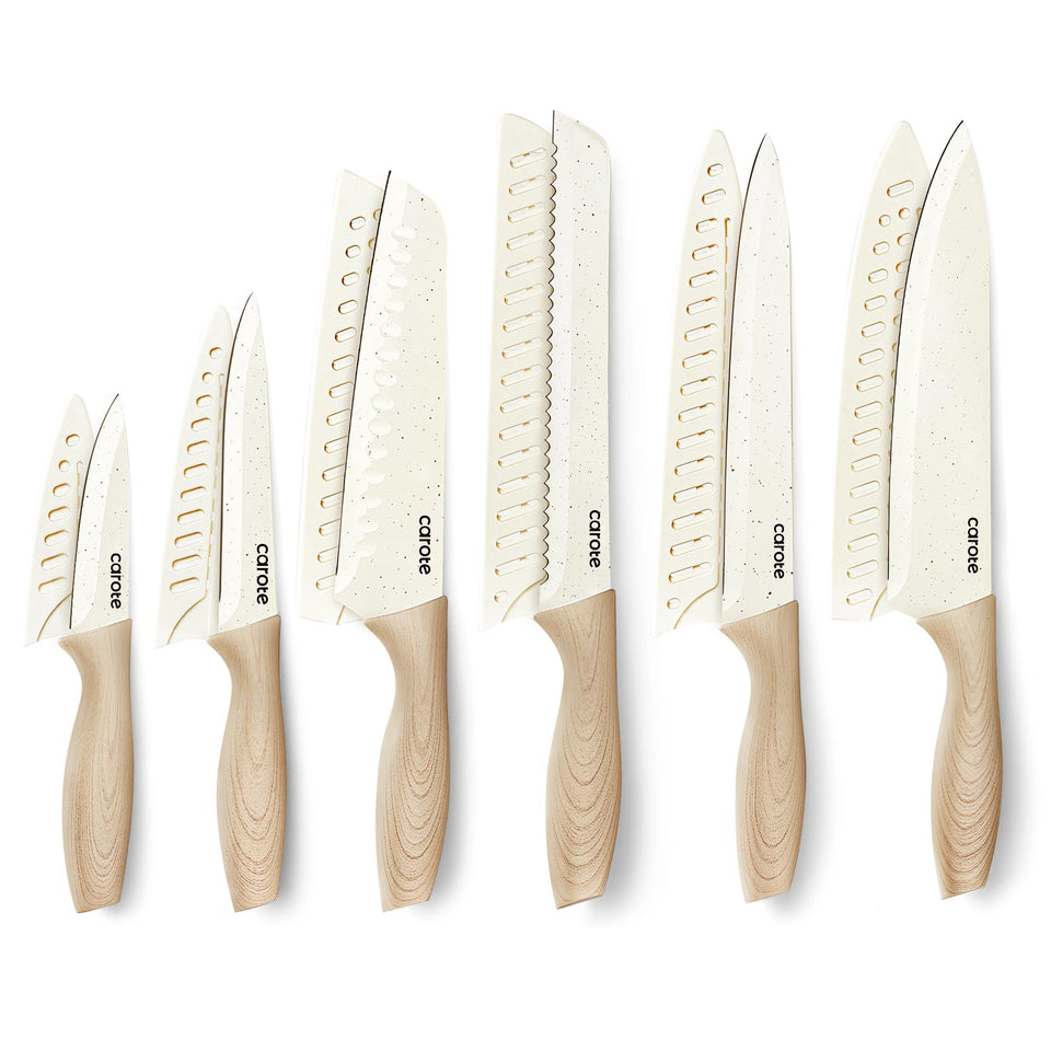 CAROTE 12-piece knife set with blade guards for safe storage and easy prep.