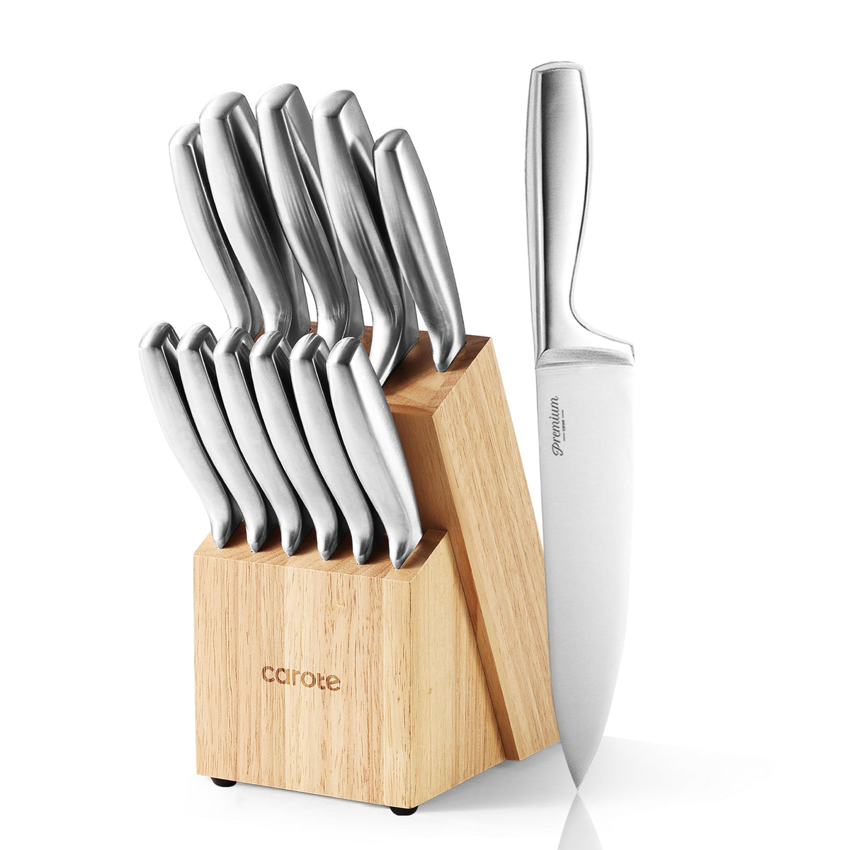 CAROTE 12-Piece Knife Set displayed on wooden block for organized access