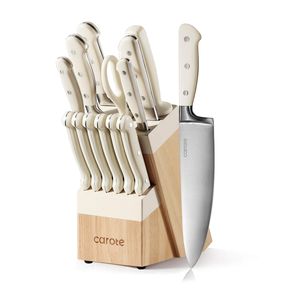 CAROTE 14-piece knife set in cream block with precision forged blades.