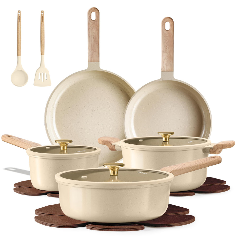 CAROTE 14pc set on kitchen counter showing versatile cookware for everyday meals