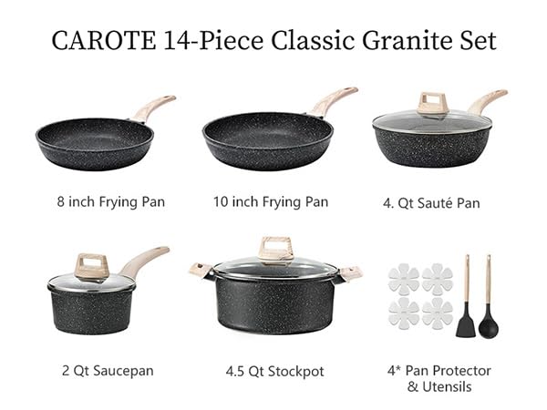 CAROTE 14-piece set with 10-inch fry pan for family meals and versatile cooking