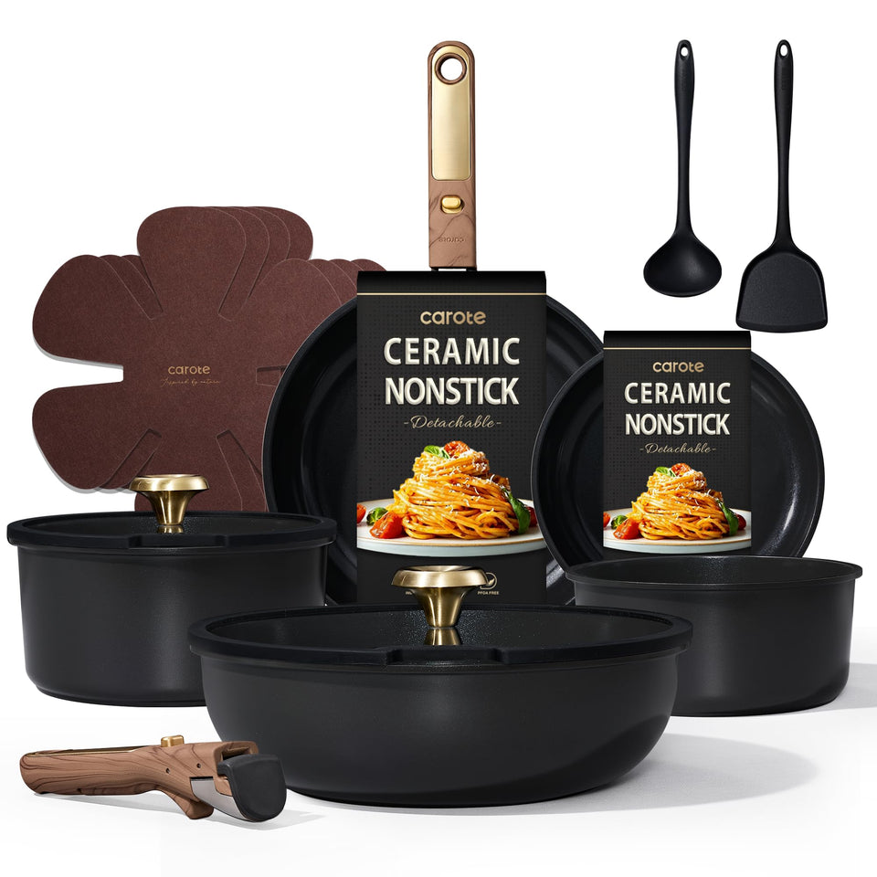 CAROTE 15pcs ceramic cookware set showing versatile nonstick surface for easy meals