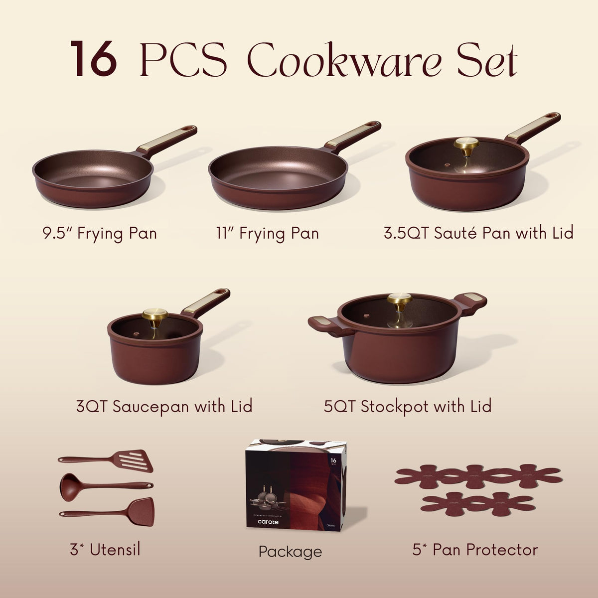 CAROTE 16 piece cookware set displayed in wine red for versatile home kitchen use