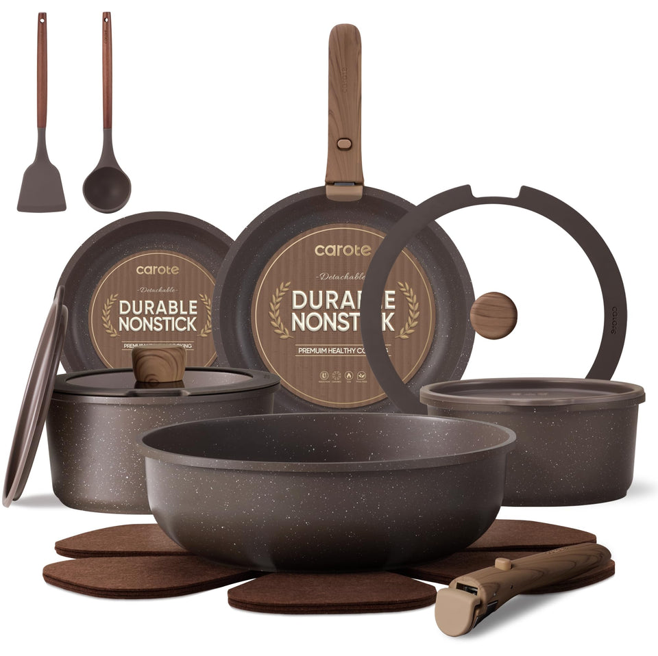 CAROTE 17pcs set with detachable handles for easy stovetop to oven transitions.