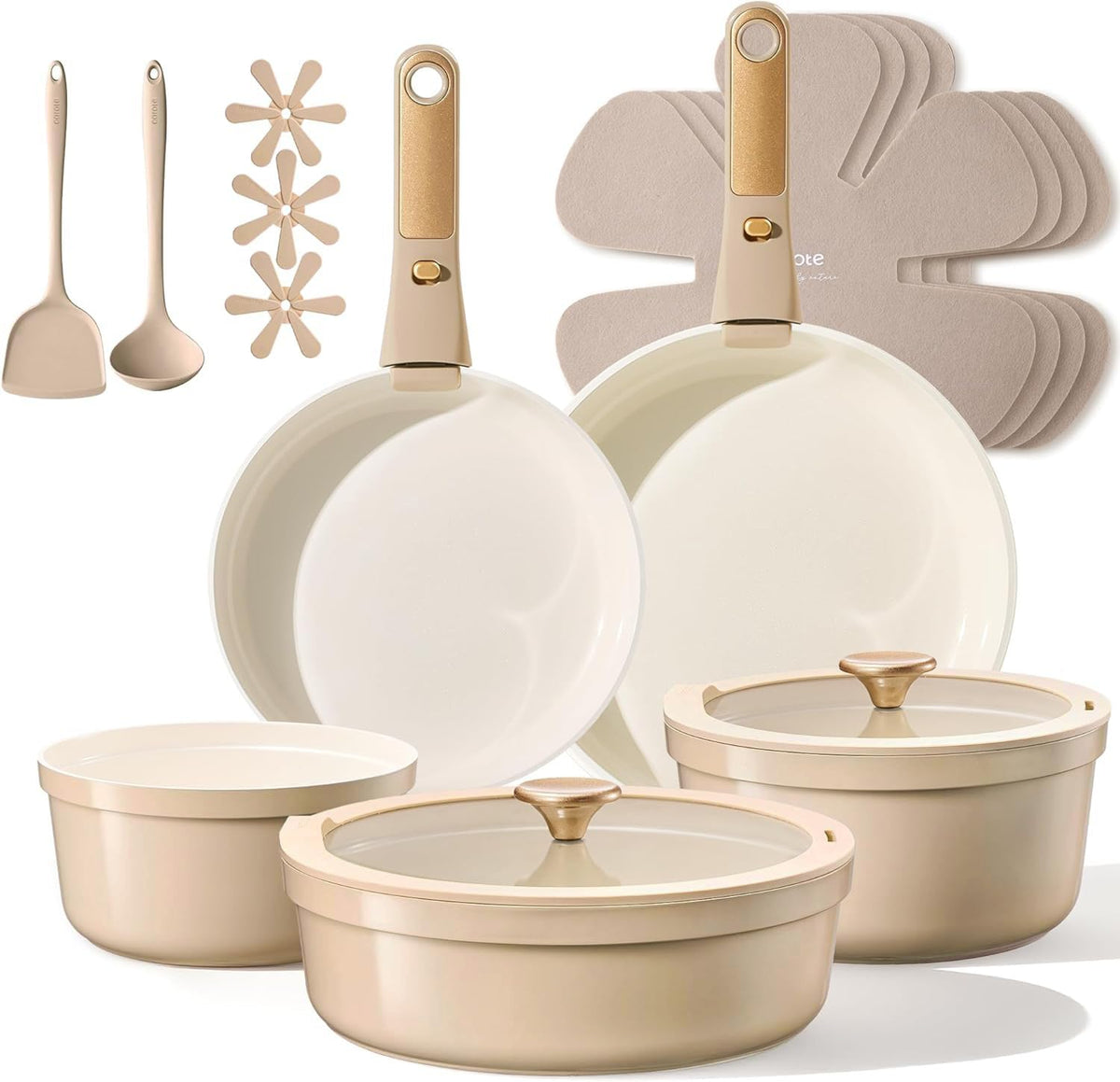 CAROTE 18-piece ceramic cookware with detachable handles for space-saving storage.