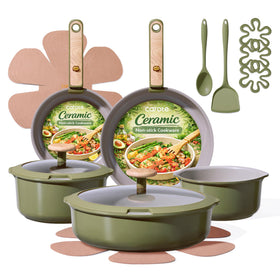 CAROTE 18-piece ceramic cookware set with detachable handles for compact storage and easy transport.