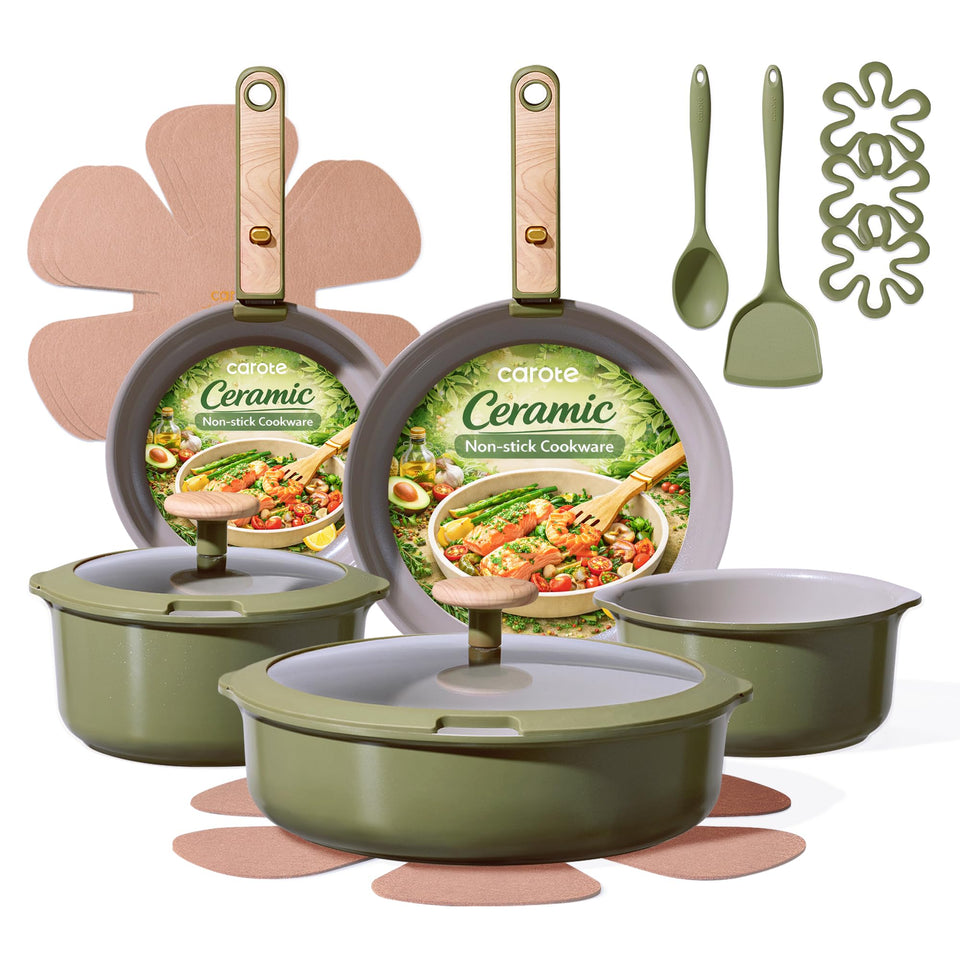CAROTE 18-piece ceramic cookware set with detachable handles for compact storage and easy transport.