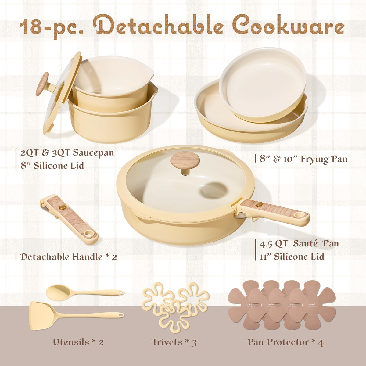 CAROTE 18pc ceramic cookware set with 10in fry pan detachable handle for versatile cooking.