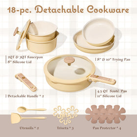 CAROTE 18pc ceramic cookware set with 10in fry pan detachable handle for versatile cooking.