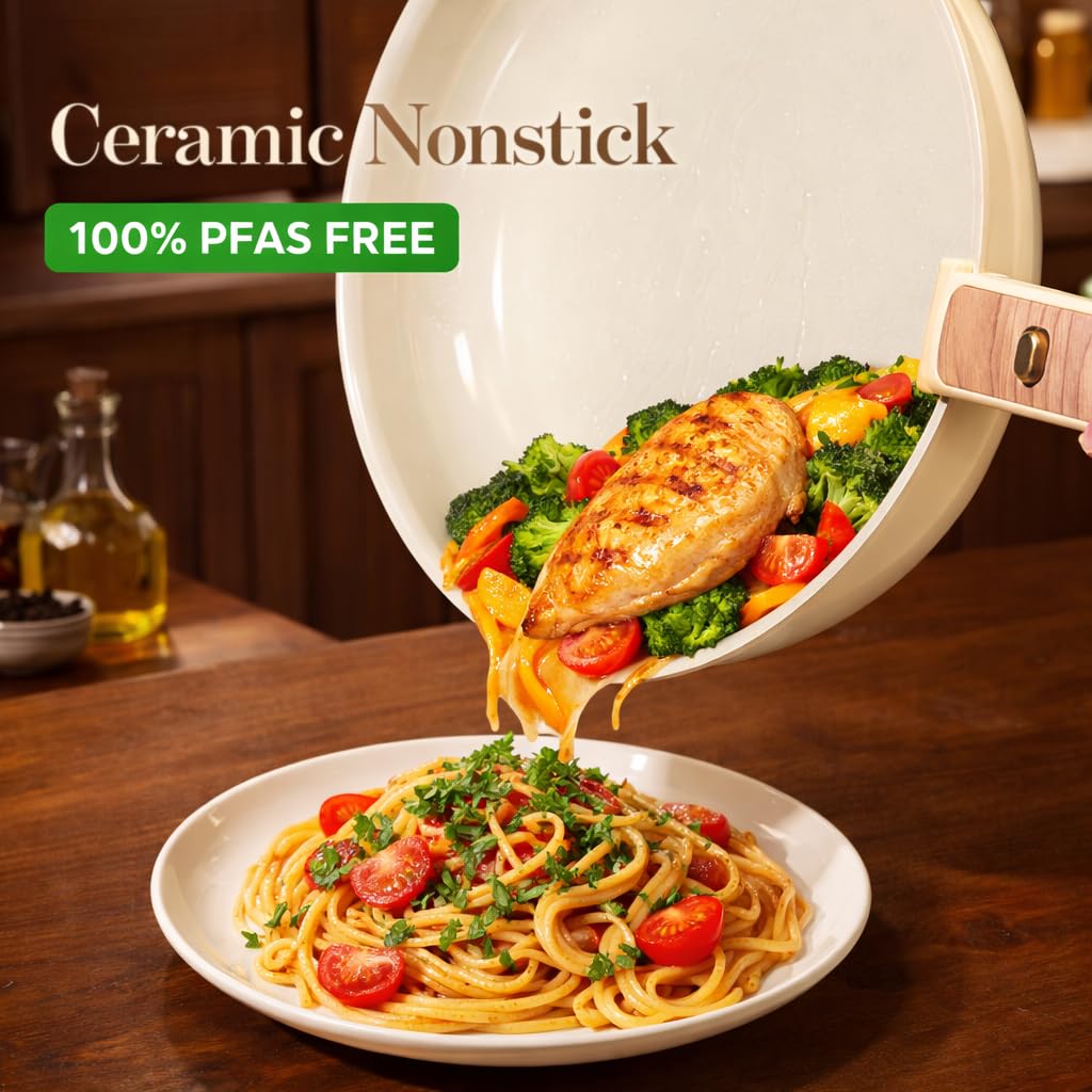 CAROTE 18pc ceramic cookware set with 2qt saucepan detachable handle for precise simmering.
