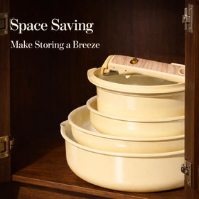 CAROTE 18pc ceramic cookware set with 3qt saucepan detachable handle for sauces and soups.