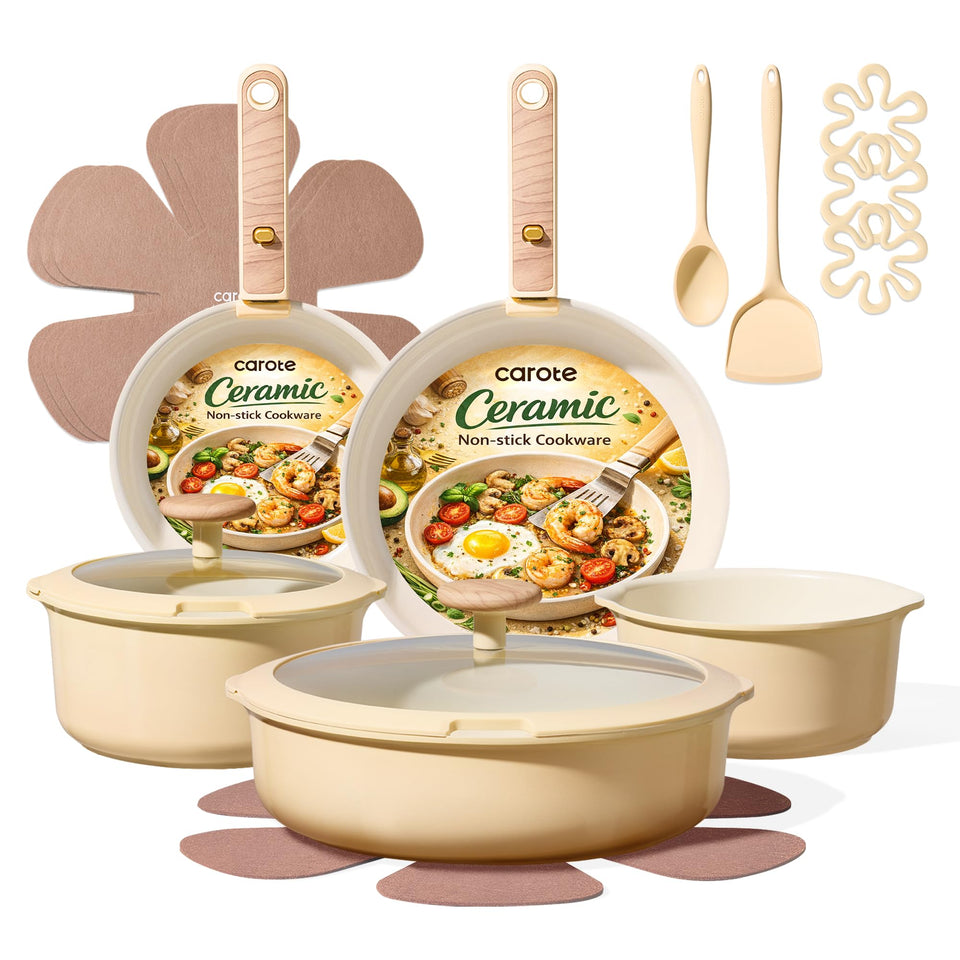 CAROTE 18pc ceramic cookware set with 8in fry pan detachable handle for compact storage.