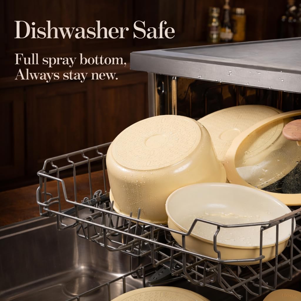 CAROTE 18pc ceramic cookware set 8in silicone lid for quick steaming and moisture control.