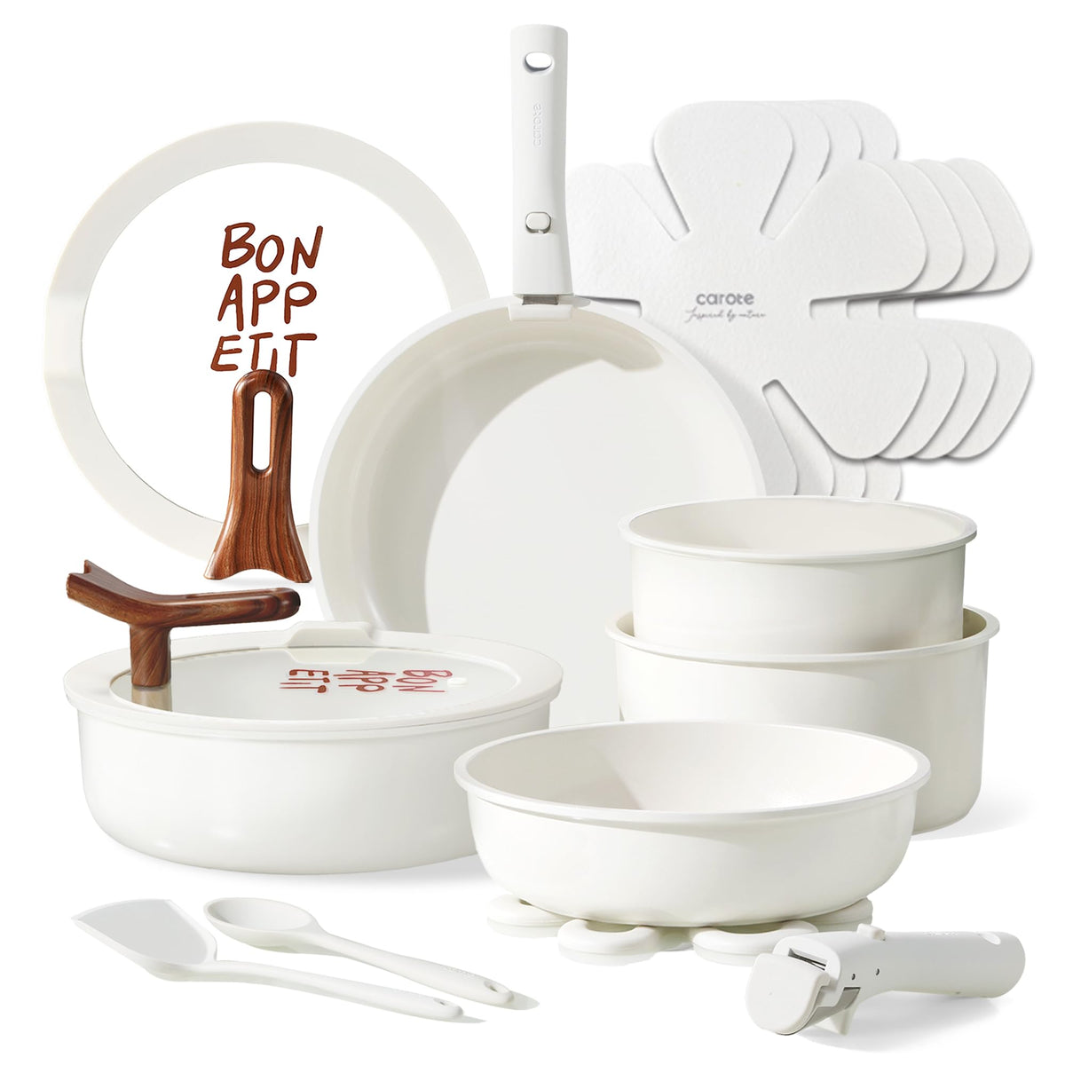 CAROTE 18-piece ceramic cookware set with detachable handle for versatile cooking