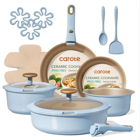 CAROTE 18-piece pots and pans set in blue with lids for versatile cooking