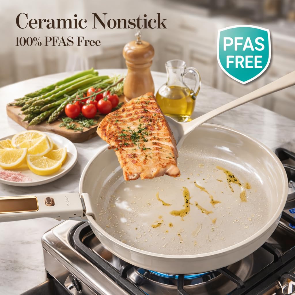 CAROTE 8-inch fry pan with detachable handle for quick storage and easy cleanup.