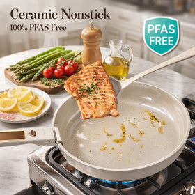 CAROTE 8-inch fry pan with detachable handle for quick storage and easy cleanup.