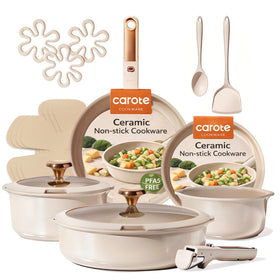 CAROTE 18-piece ceramic set with detachable handle for compact storage.