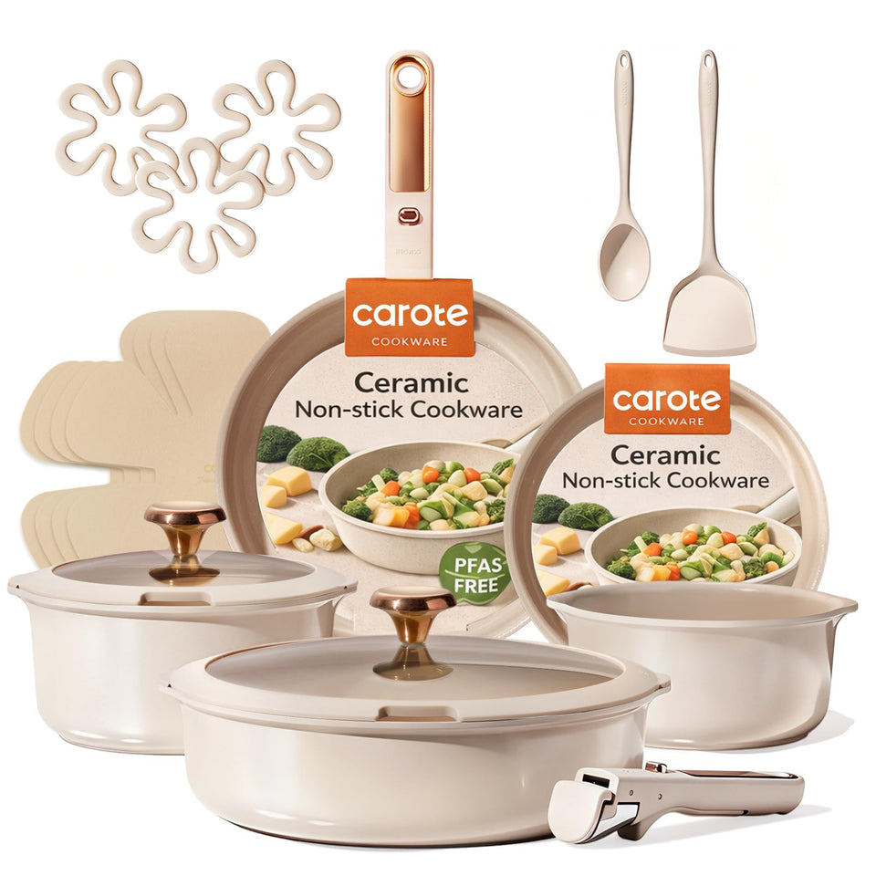 CAROTE 18-piece ceramic set with detachable handle for compact storage.